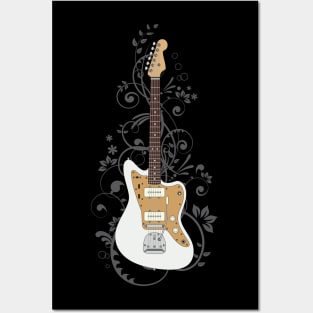 Vintage White Offset Style Electric Guitar Flowering Vines Posters and Art